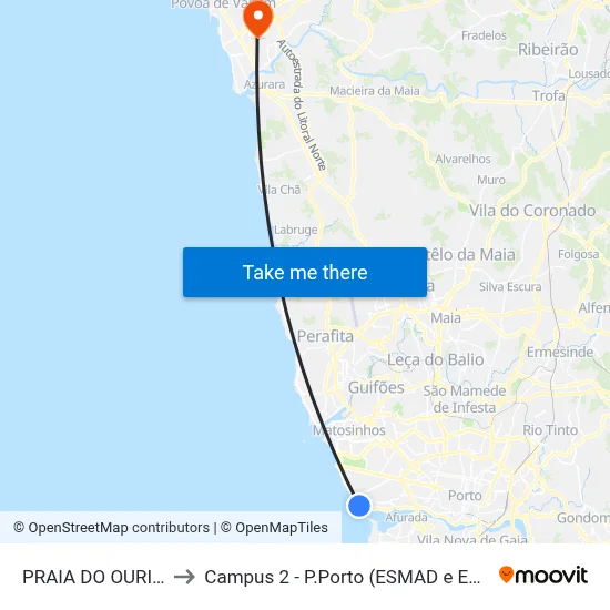 PRAIA DO OURIGO to Campus 2 - P.Porto (ESMAD e ESEIG) map