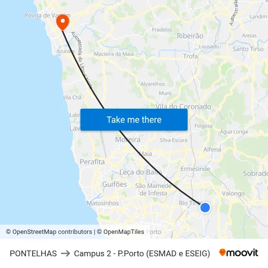 PONTELHAS to Campus 2 - P.Porto (ESMAD e ESEIG) map