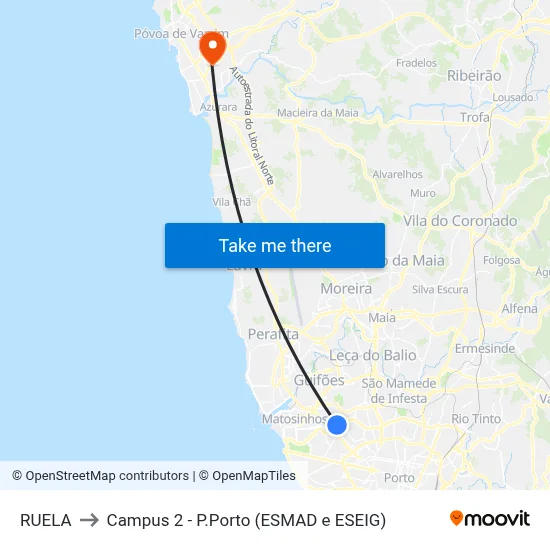 RUELA to Campus 2 - P.Porto (ESMAD e ESEIG) map