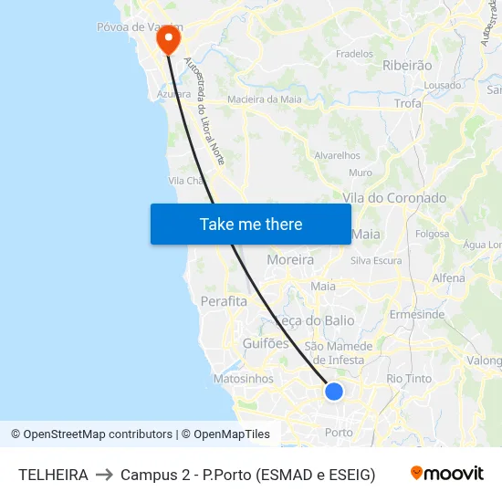 TELHEIRA to Campus 2 - P.Porto (ESMAD e ESEIG) map