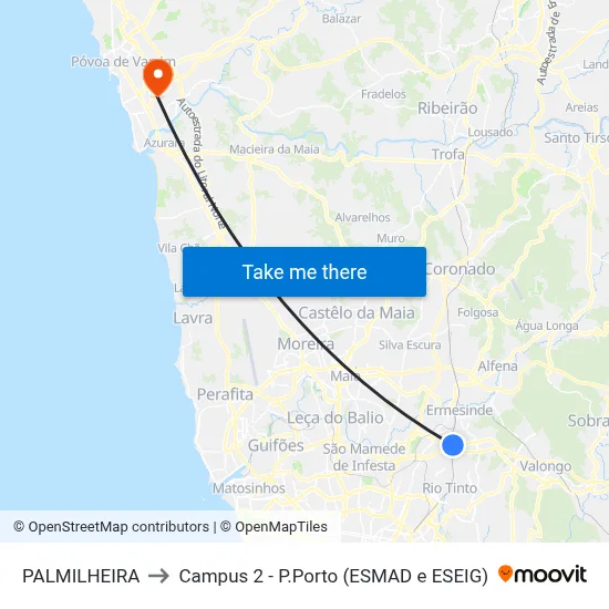 PALMILHEIRA to Campus 2 - P.Porto (ESMAD e ESEIG) map