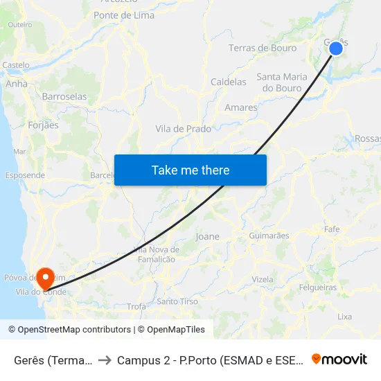 Gerês (Termas) to Campus 2 - P.Porto (ESMAD e ESEIG) map