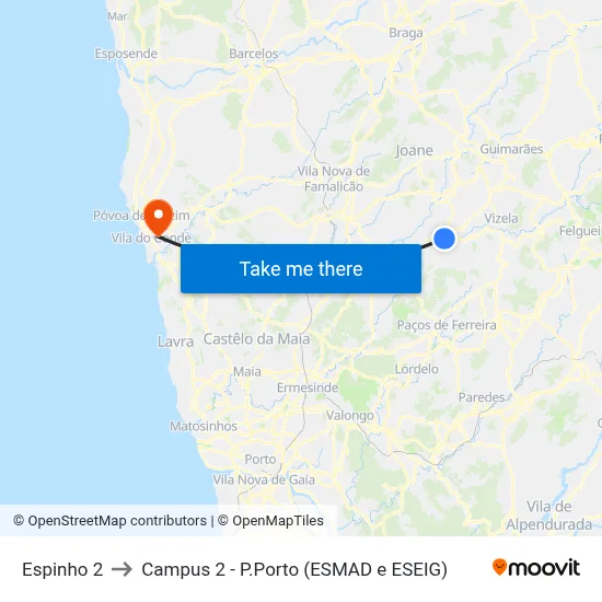 Espinho 2 to Campus 2 - P.Porto (ESMAD e ESEIG) map