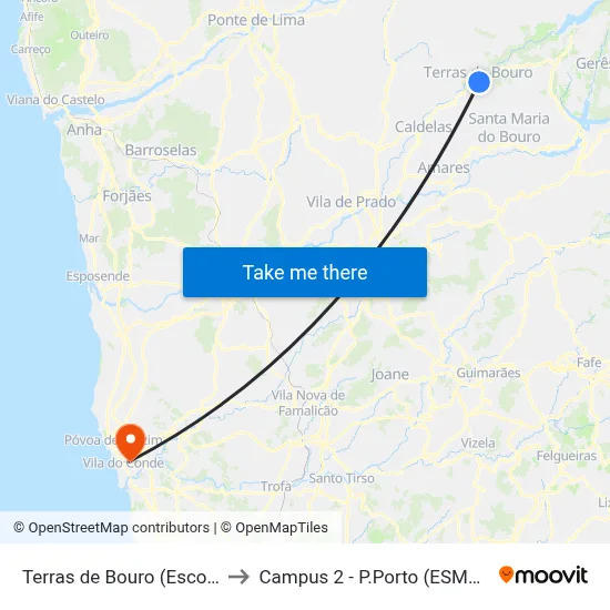 Terras de Bouro (Escola EB23S) to Campus 2 - P.Porto (ESMAD e ESEIG) map