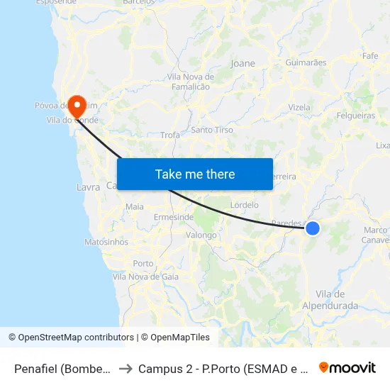 Penafiel (Bombeiros) to Campus 2 - P.Porto (ESMAD e ESEIG) map