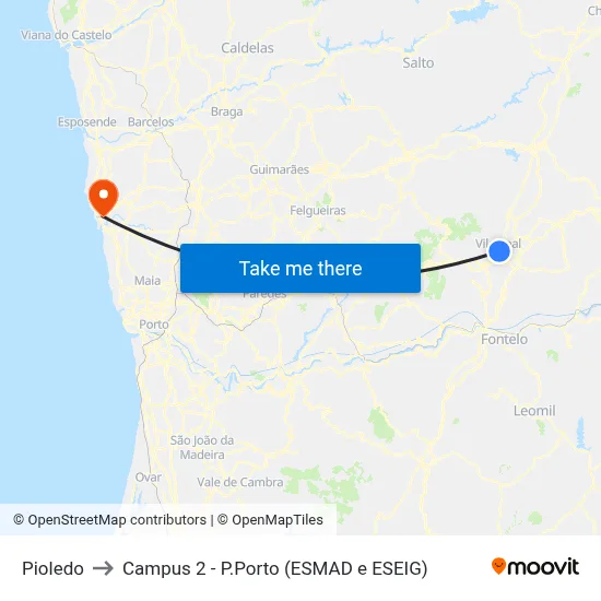 Pioledo to Campus 2 - P.Porto (ESMAD e ESEIG) map
