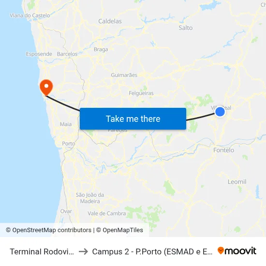 Terminal Rodoviário to Campus 2 - P.Porto (ESMAD e ESEIG) map