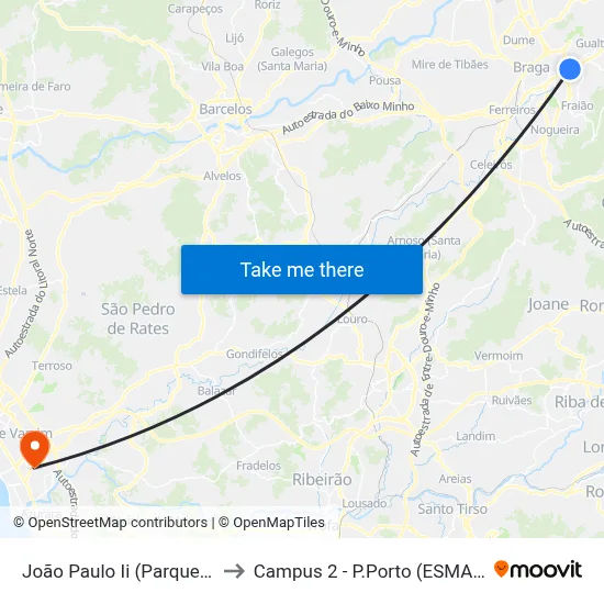 João Paulo Ii (Parque Rodovia) to Campus 2 - P.Porto (ESMAD e ESEIG) map