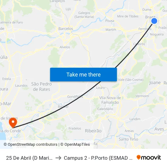 25 De Abril (D Maria Ii - I) to Campus 2 - P.Porto (ESMAD e ESEIG) map