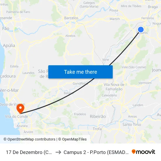 17 De Dezembro (Celeirós) to Campus 2 - P.Porto (ESMAD e ESEIG) map