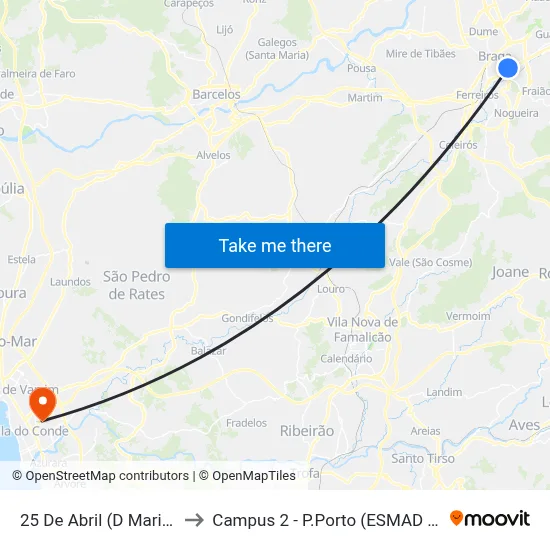 25 De Abril (D Maria Ii - Ii) to Campus 2 - P.Porto (ESMAD e ESEIG) map
