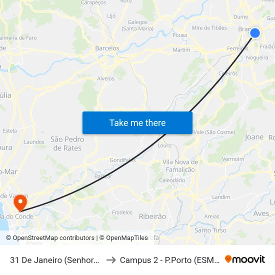 31 De Janeiro (Senhora-A-Branca) to Campus 2 - P.Porto (ESMAD e ESEIG) map