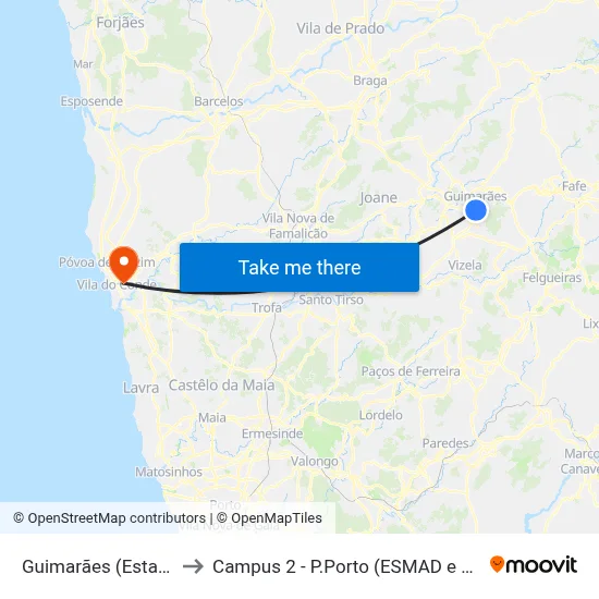 Guimarães (Estação) to Campus 2 - P.Porto (ESMAD e ESEIG) map
