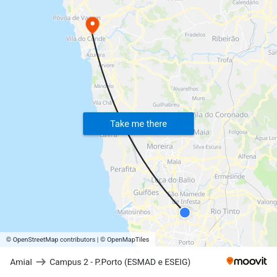 Amial to Campus 2 - P.Porto (ESMAD e ESEIG) map
