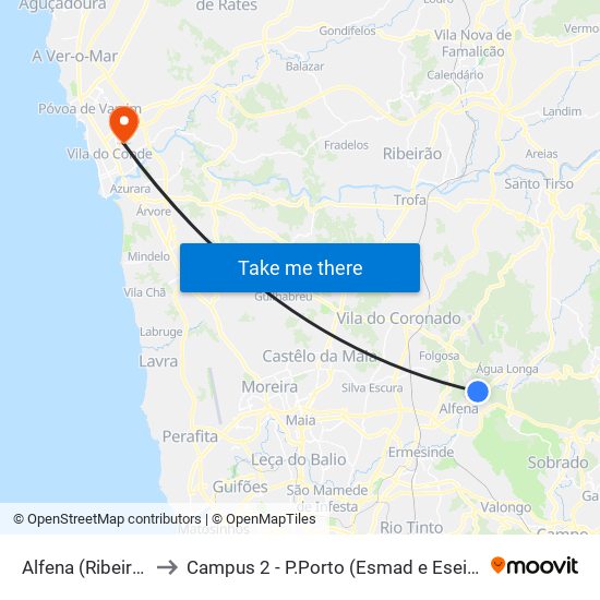 Alfena (Ribeiro) to Campus 2 - P.Porto (Esmad e Eseig) map