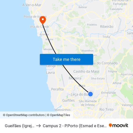 Gueifães (Igreja) to Campus 2 - P.Porto (Esmad e Eseig) map