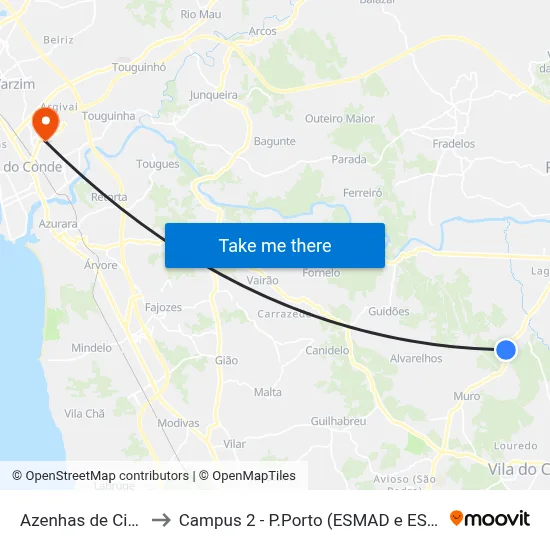 Azenhas de Cima to Campus 2 - P.Porto (ESMAD e ESEIG) map