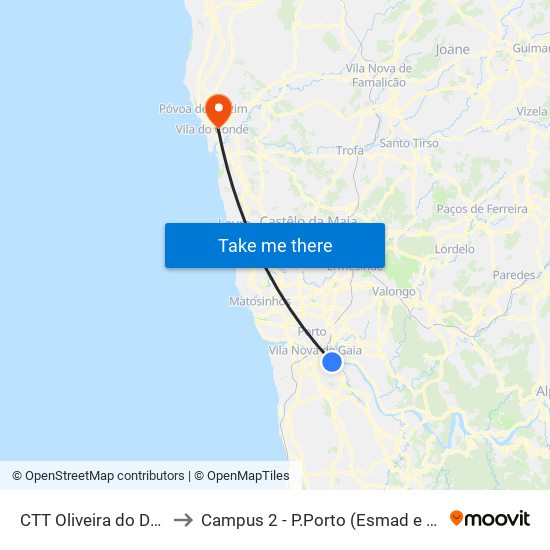 CTT Oliveira do Douro to Campus 2 - P.Porto (Esmad e Eseig) map