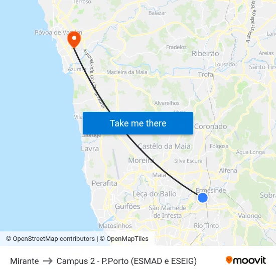Mirante to Campus 2 - P.Porto (ESMAD e ESEIG) map