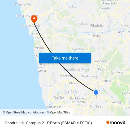 Gandra to Campus 2 - P.Porto (ESMAD e ESEIG) map