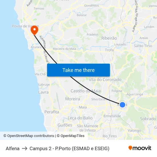 Alfena to Campus 2 - P.Porto (ESMAD e ESEIG) map