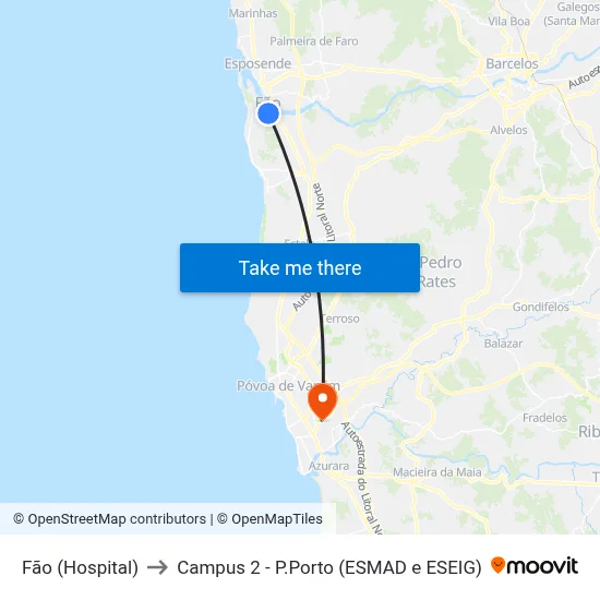 Fão (Hospital) to Campus 2 - P.Porto (ESMAD e ESEIG) map