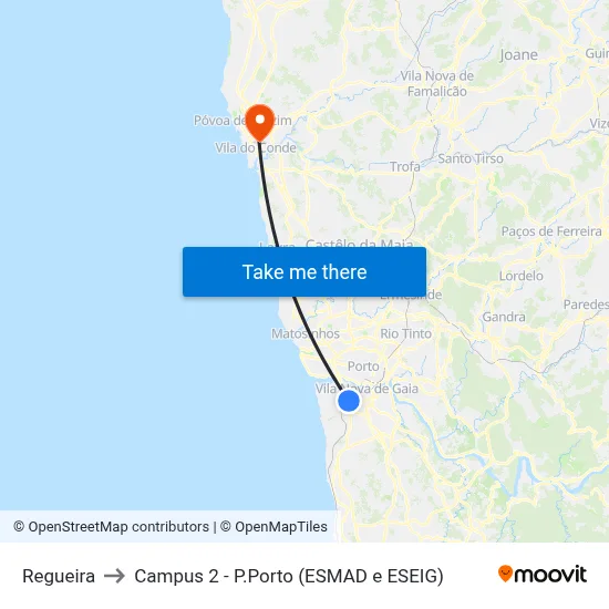 Regueira to Campus 2 - P.Porto (ESMAD e ESEIG) map