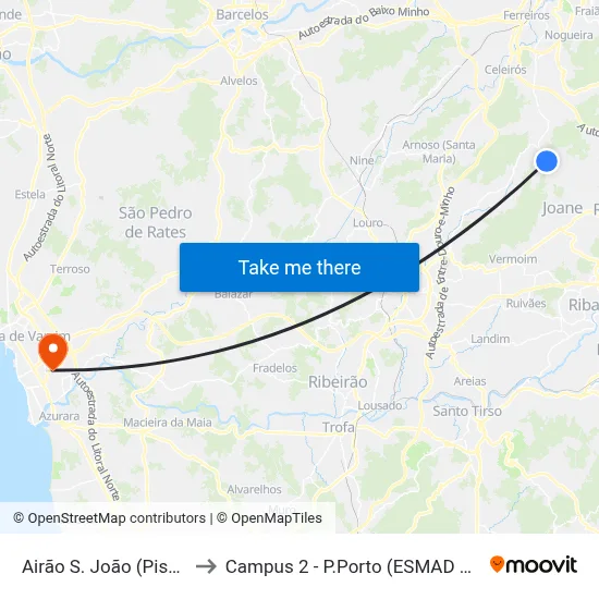 Airão S. João (Piscinas) to Campus 2 - P.Porto (ESMAD e ESEIG) map
