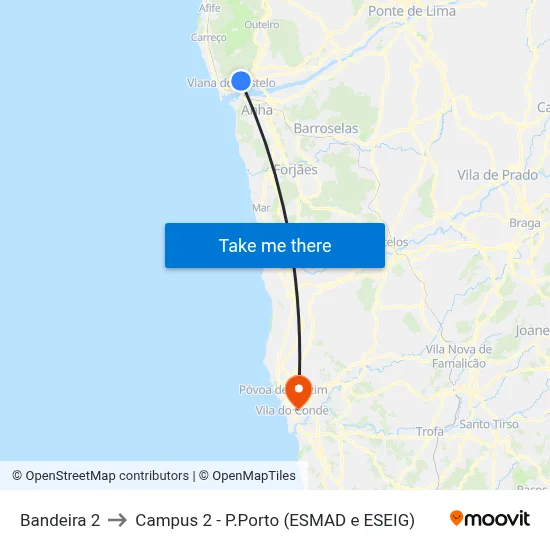Bandeira 2 to Campus 2 - P.Porto (ESMAD e ESEIG) map