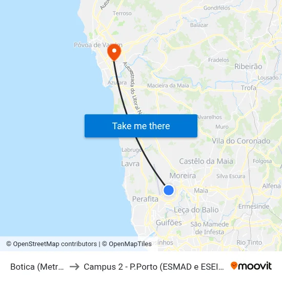 Botica (Metro) to Campus 2 - P.Porto (ESMAD e ESEIG) map