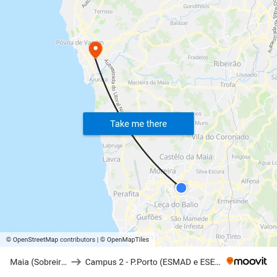 Maia (Sobreiro) to Campus 2 - P.Porto (ESMAD e ESEIG) map