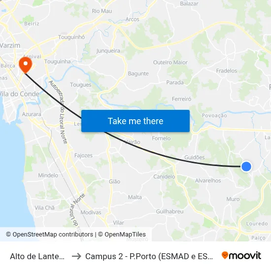 Alto de Lantemil to Campus 2 - P.Porto (ESMAD e ESEIG) map