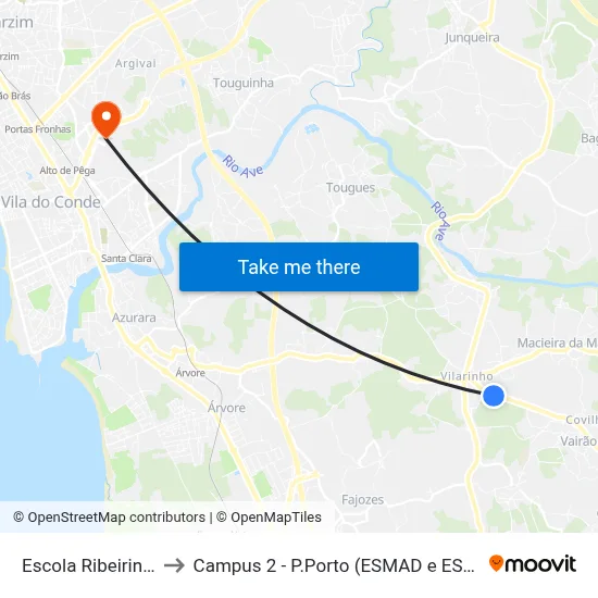 Escola Ribeirinha to Campus 2 - P.Porto (ESMAD e ESEIG) map