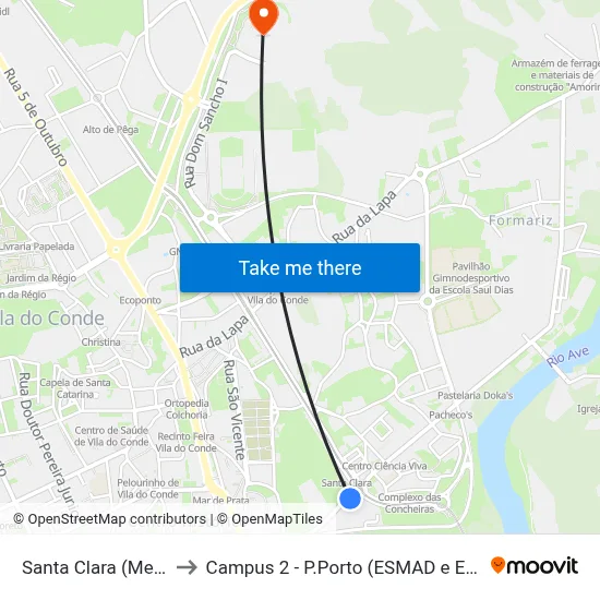 Santa Clara (Metro) to Campus 2 - P.Porto (ESMAD e ESEIG) map