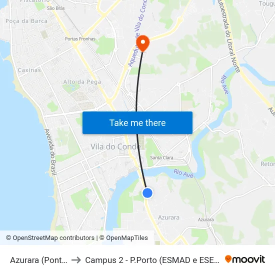 Azurara (Ponte) to Campus 2 - P.Porto (ESMAD e ESEIG) map