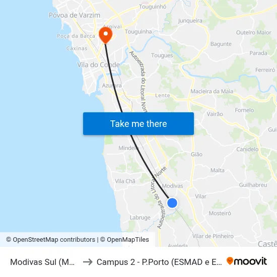 Modivas Sul (Metro) to Campus 2 - P.Porto (ESMAD e ESEIG) map