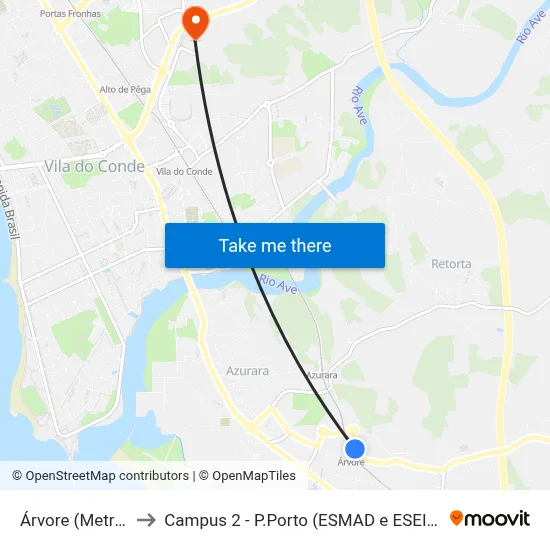 Árvore (Metro) to Campus 2 - P.Porto (ESMAD e ESEIG) map