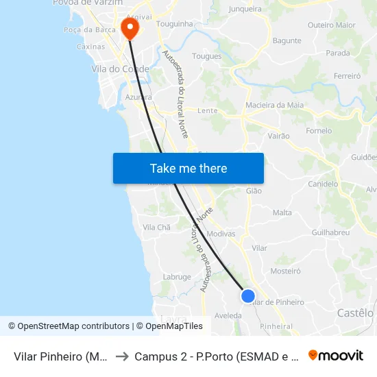 Vilar Pinheiro (Metro) to Campus 2 - P.Porto (ESMAD e ESEIG) map