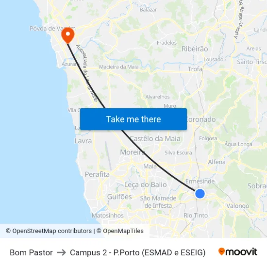 Bom Pastor to Campus 2 - P.Porto (ESMAD e ESEIG) map