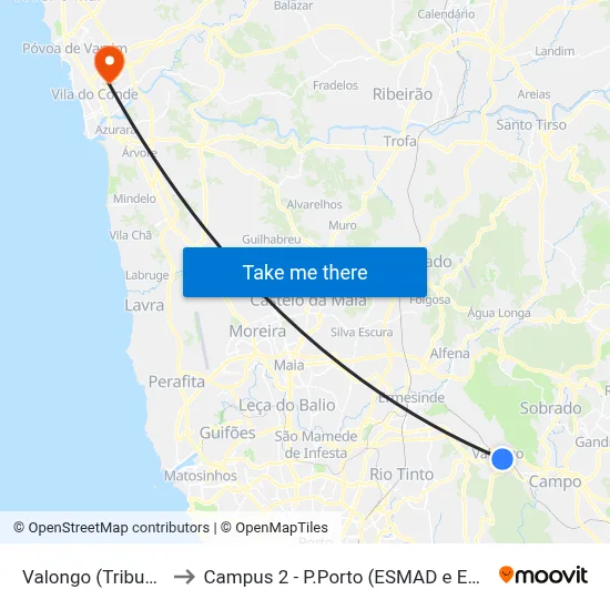 Valongo (Tribunal) to Campus 2 - P.Porto (ESMAD e ESEIG) map