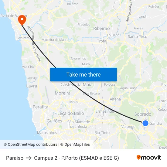 Paraiso to Campus 2 - P.Porto (ESMAD e ESEIG) map