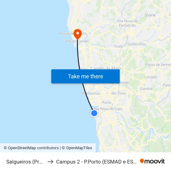 Salgueiros (Praia) to Campus 2 - P.Porto (ESMAD e ESEIG) map