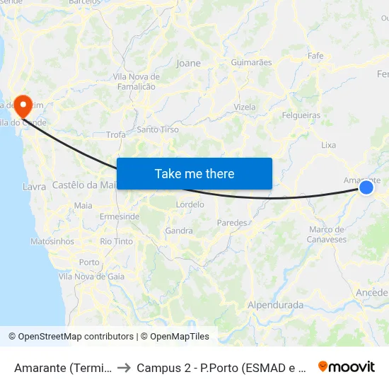Amarante (Terminal) to Campus 2 - P.Porto (ESMAD e ESEIG) map