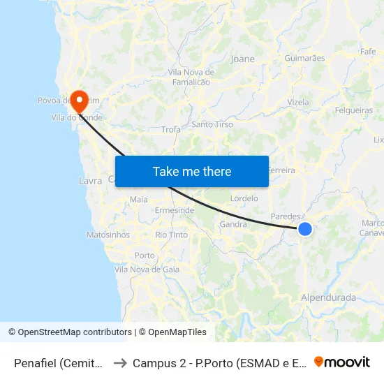 Penafiel (Cemitério) to Campus 2 - P.Porto (ESMAD e ESEIG) map