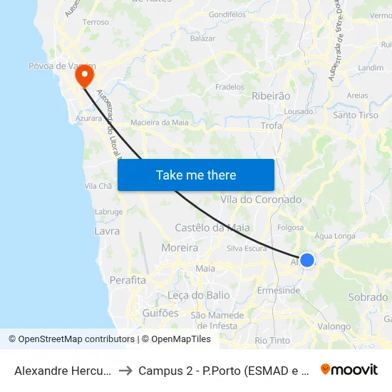Alexandre Herculano to Campus 2 - P.Porto (ESMAD e ESEIG) map