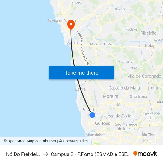 Nó Do Freixieiro to Campus 2 - P.Porto (ESMAD e ESEIG) map