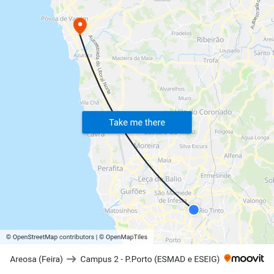 Areosa (Feira) to Campus 2 - P.Porto (ESMAD e ESEIG) map