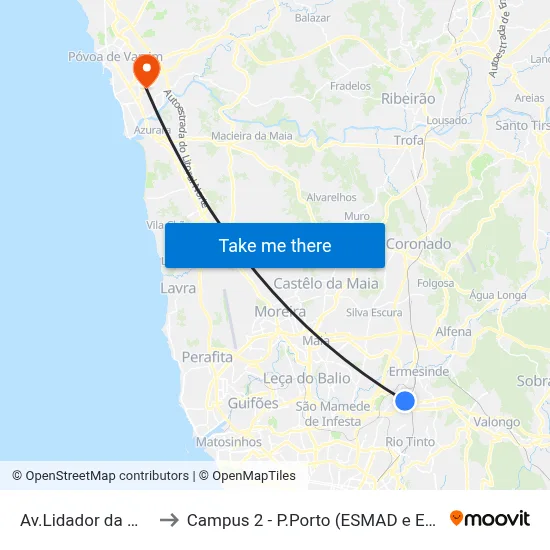 Av.Lidador da Maia to Campus 2 - P.Porto (ESMAD e ESEIG) map