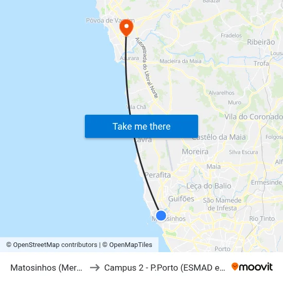Matosinhos (Mercado) to Campus 2 - P.Porto (ESMAD e ESEIG) map