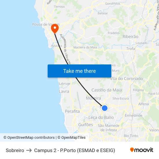 Sobreiro to Campus 2 - P.Porto (ESMAD e ESEIG) map